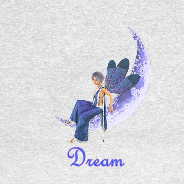Fairy faerie elf sitting on sickle moon with stars saying dream by Fantasyart123